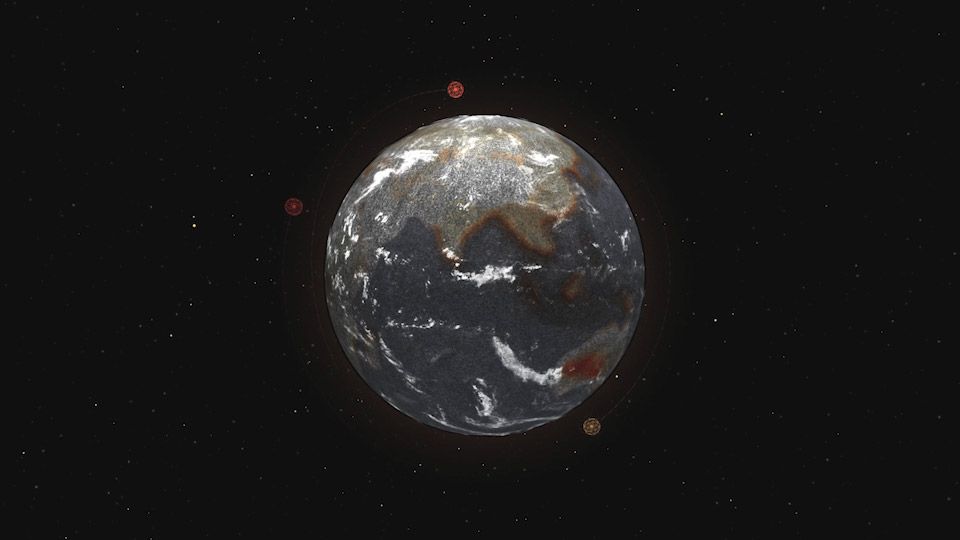 Stylized Earth with glowing red highlights, floating in a starry space with small surrounding celestial objects.