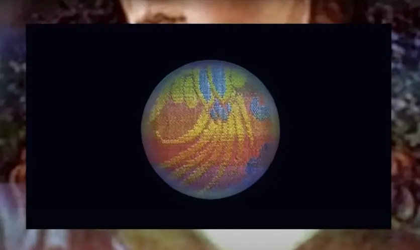 Tapestry-inspired circular design on a black background, superimposed over a larger, painted artwork.