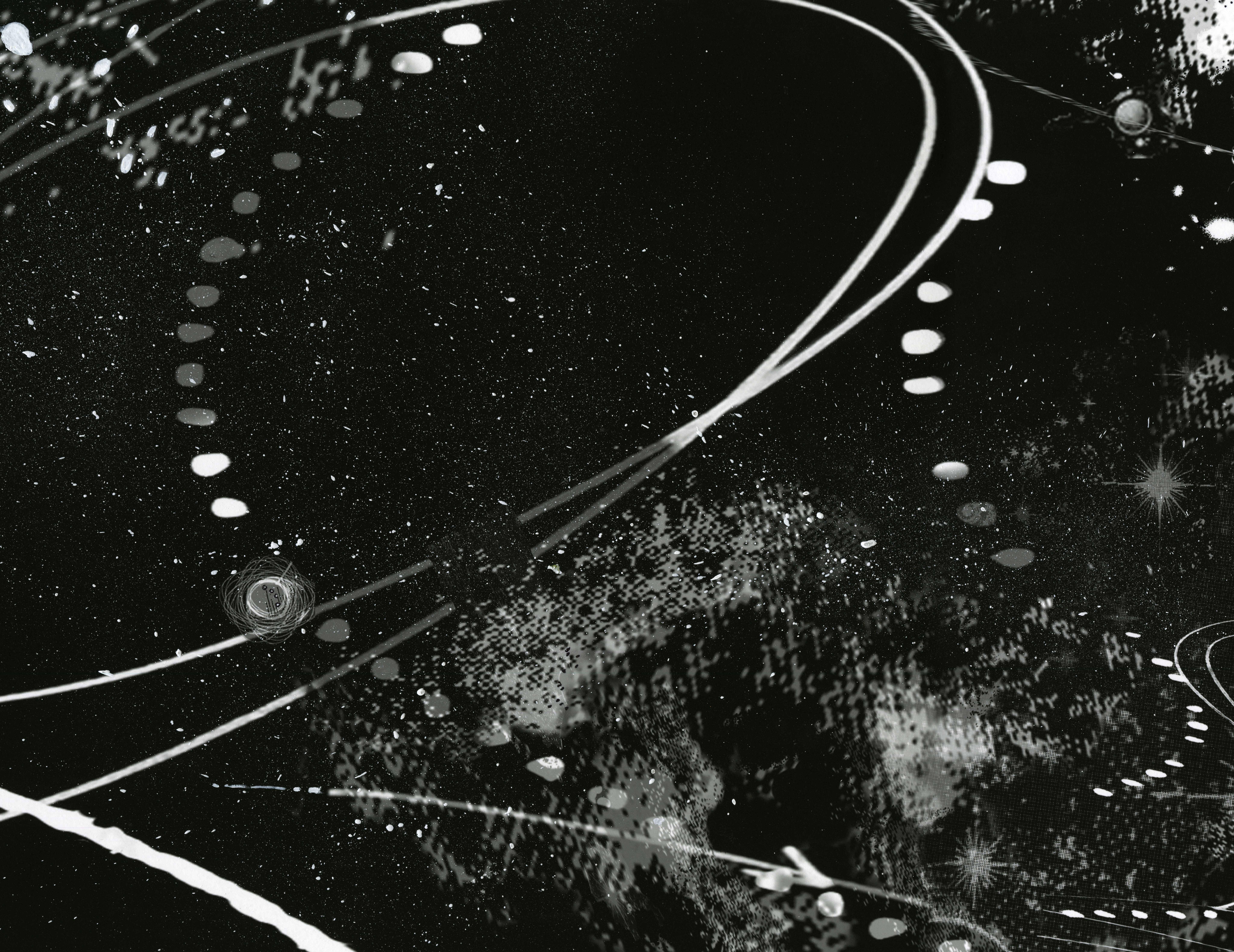 A detailed, abstract black-and-white digital artwork depicting a cosmic scene with swirling lines, dotted patterns, and va...