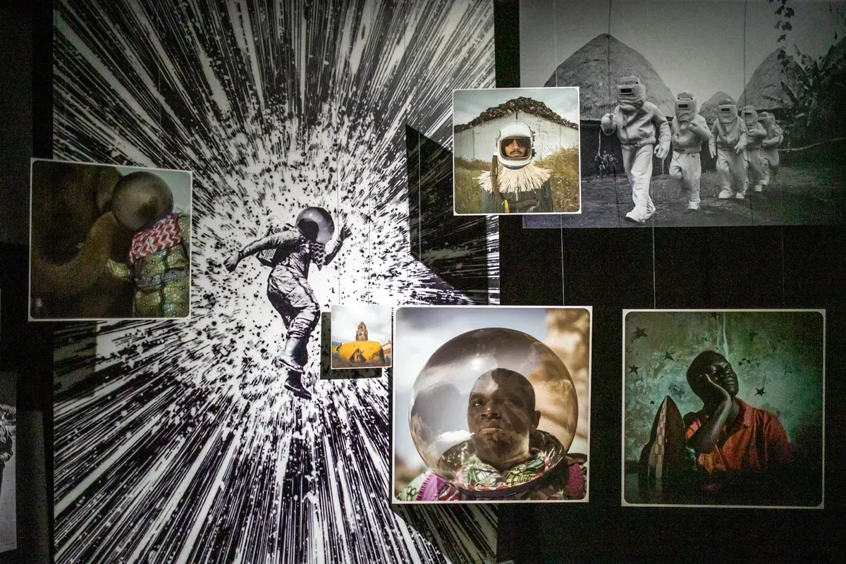 A collage featuring individuals adorned in diverse styles of headgear, in a piece titled "The Afronauts" by Cristina de Middel, 2012.