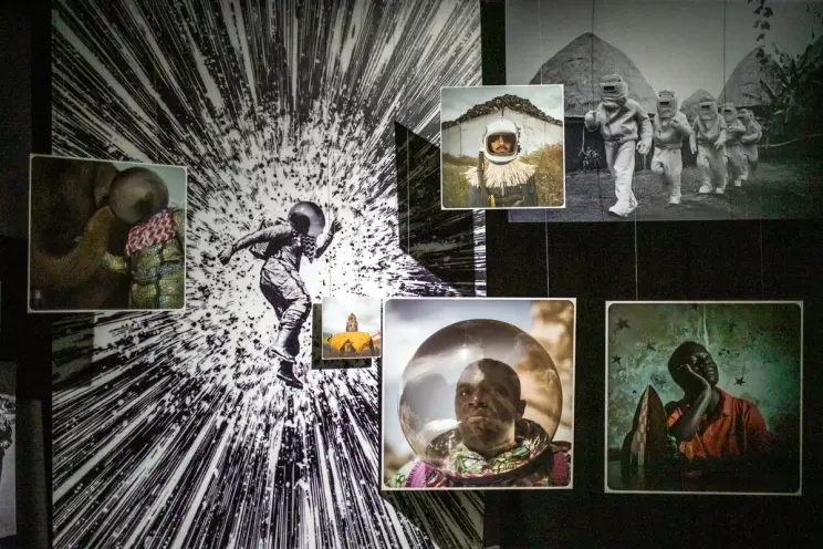 A diverse collage composed of various astronaut images, a blend of color and black and white, including both illustrations...