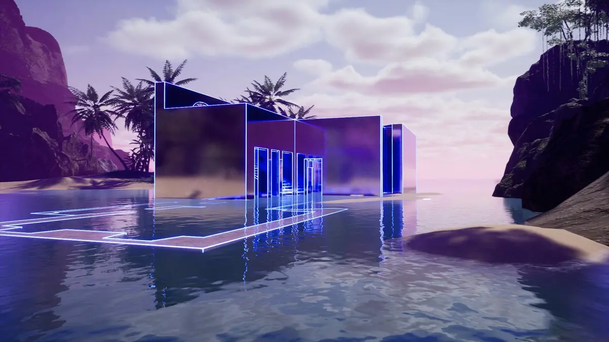 A digital world with azure sky and water, featuring a building sitting atop water with purple illumination and palm trees.
