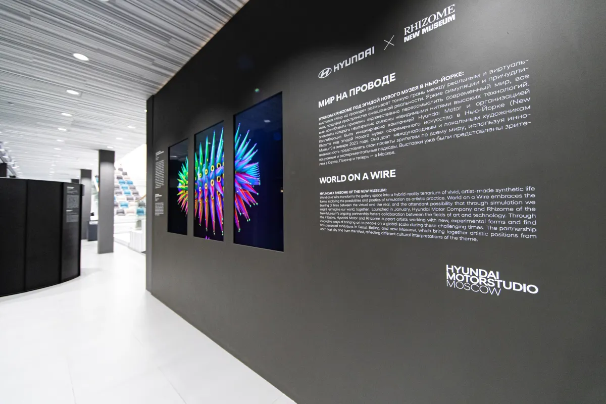 Three framed artworks arranged in a row on a black gallery wall, forming a spiky elliptical colorful form.