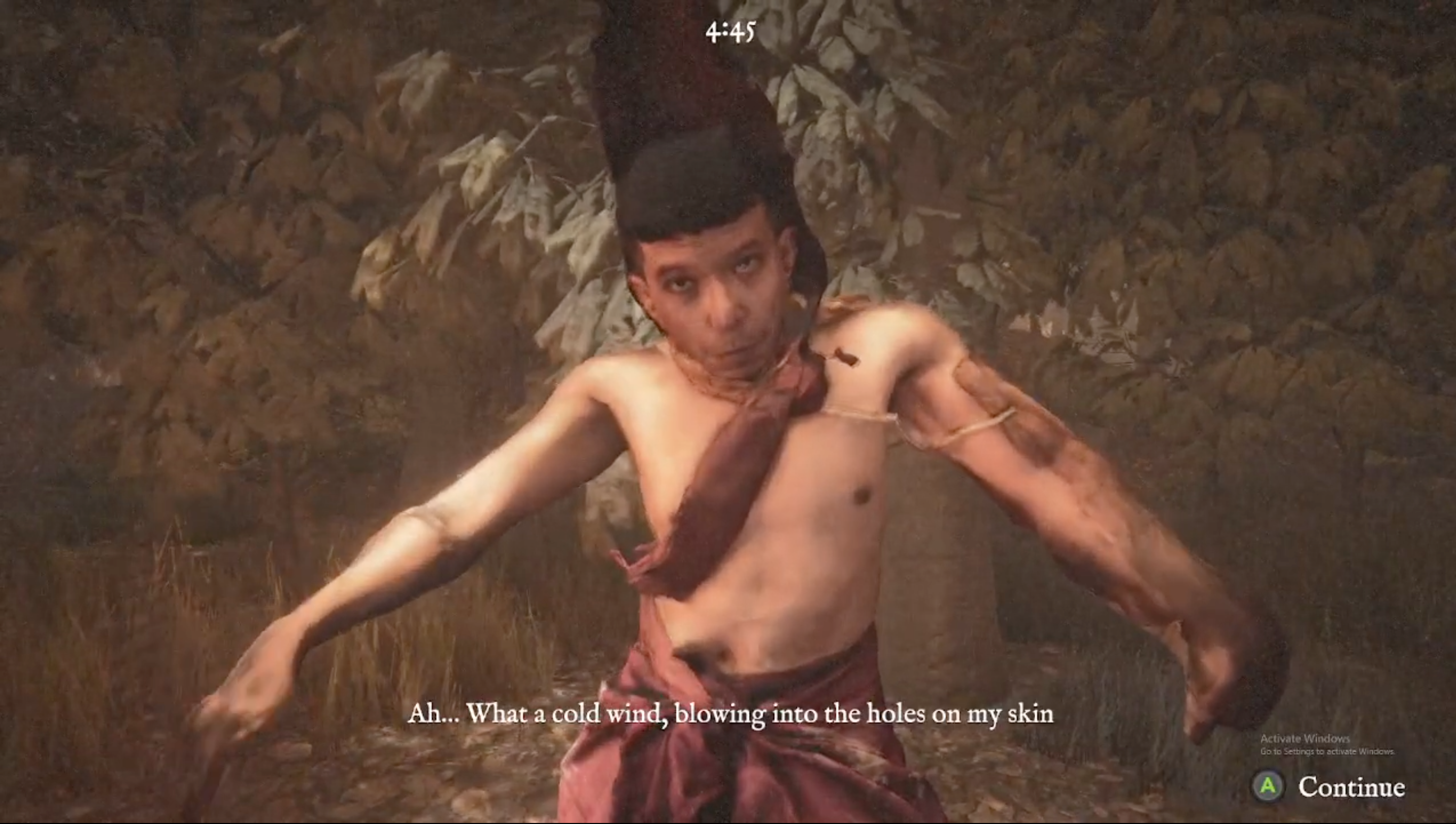 A shirtless character with a tall, pointed headpiece stands in a forest, mid-motion, speaking a poetic line about the wind.