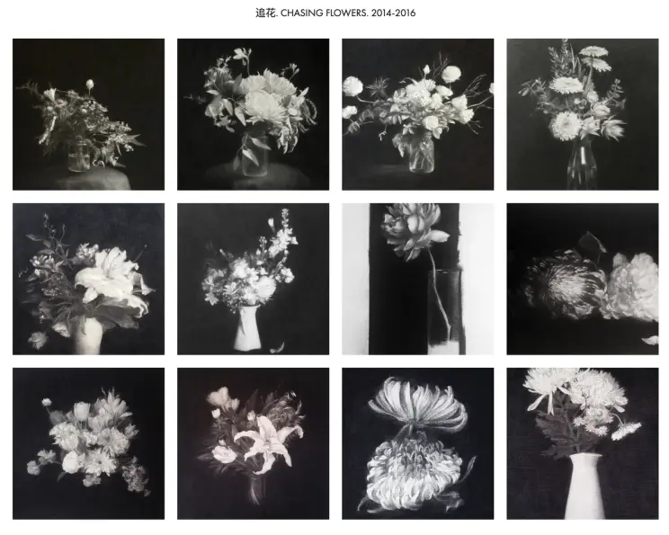 Grid of twelve black and white still life drawings of flower arrangements in vases, titled "Chasing Flowers, 2014–2016."