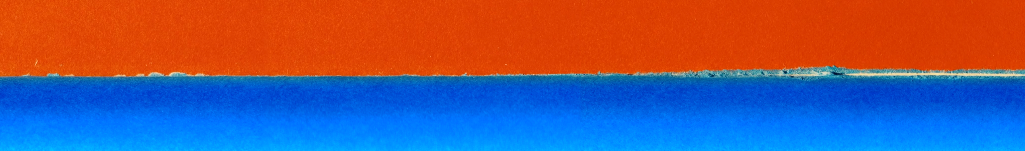 A piece of abstract art titled "A Thousand Horizons" by Dongjoo Seo. The image features a horizontal red stripe at the top...