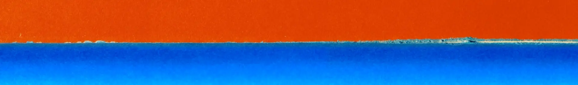 A piece of abstract art titled "A Thousand Horizons" by Dongjoo Seo. The image features a horizontal red stripe at the top...