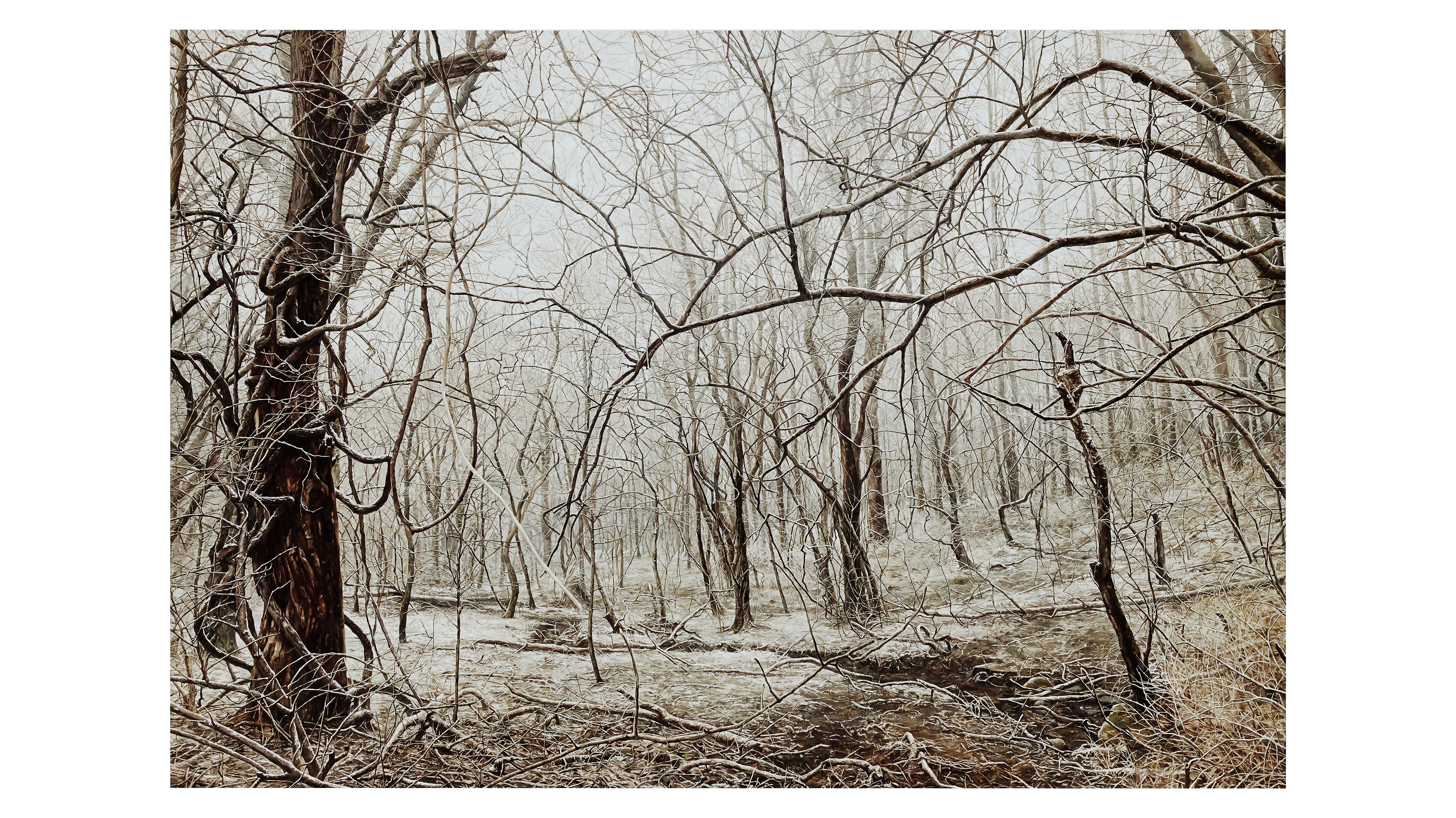 A large oil painting of a winter landscape depicting leafless trees against a muted background.