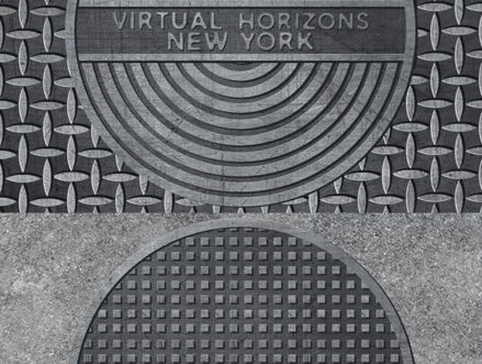 Vertical sliding manhole covers with "Virtual Horizons New York" inscribed on them.