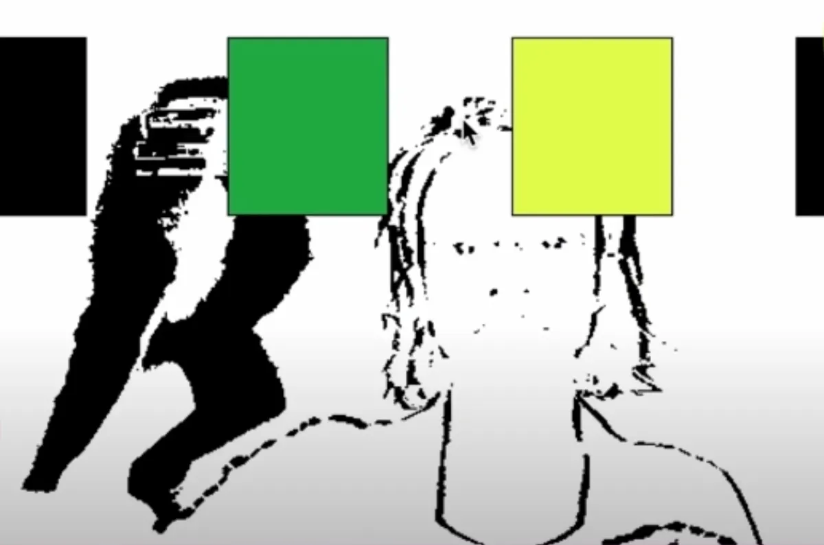 A distorted black and white figure is positioned at the center of the frame, surrounded by an abstract blend of green and yellow squares.