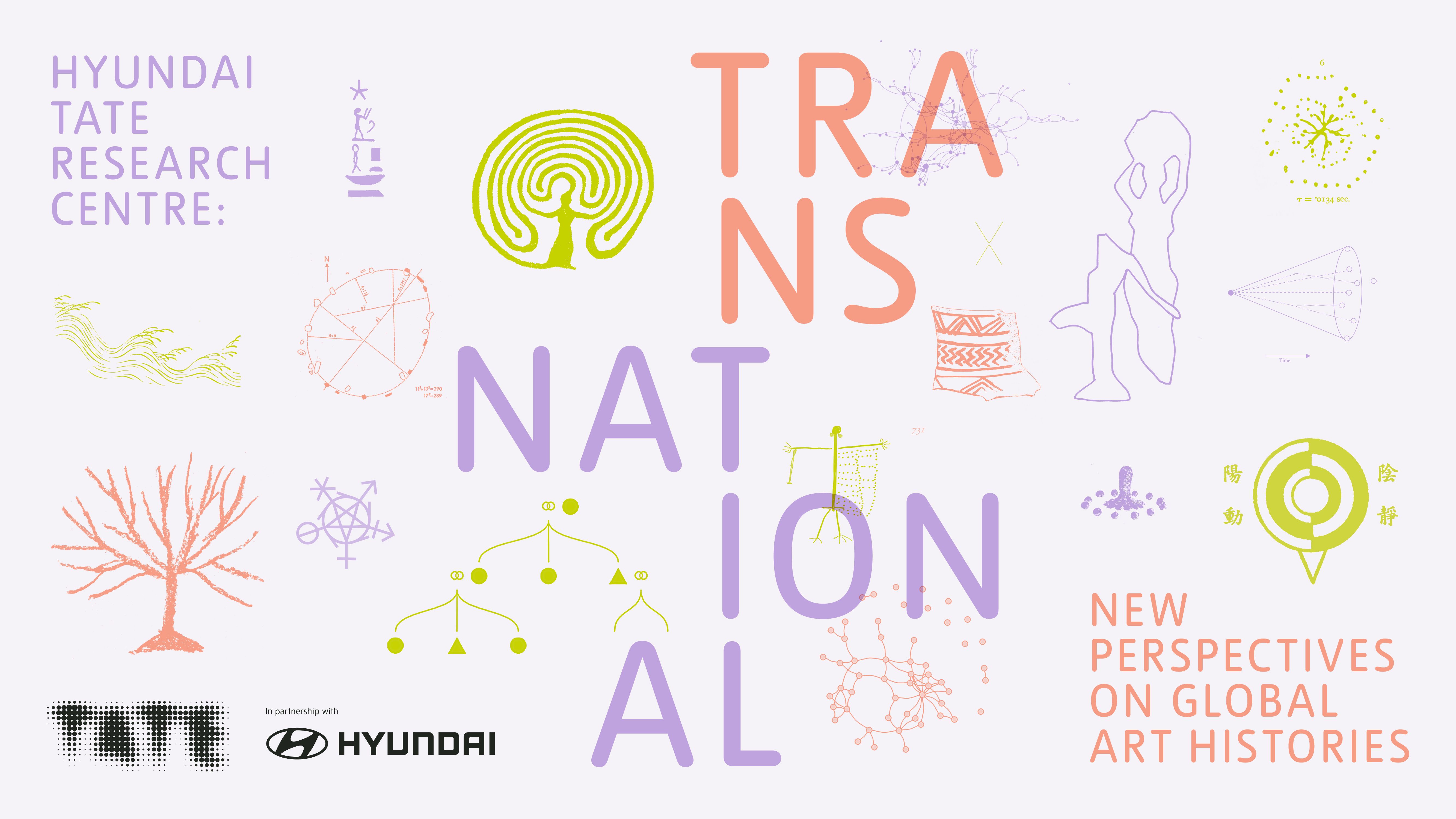 A colorful graphic featuring various map illustrations, overlaid with "Hyundai Tate Research Centre", "Transnational", and...