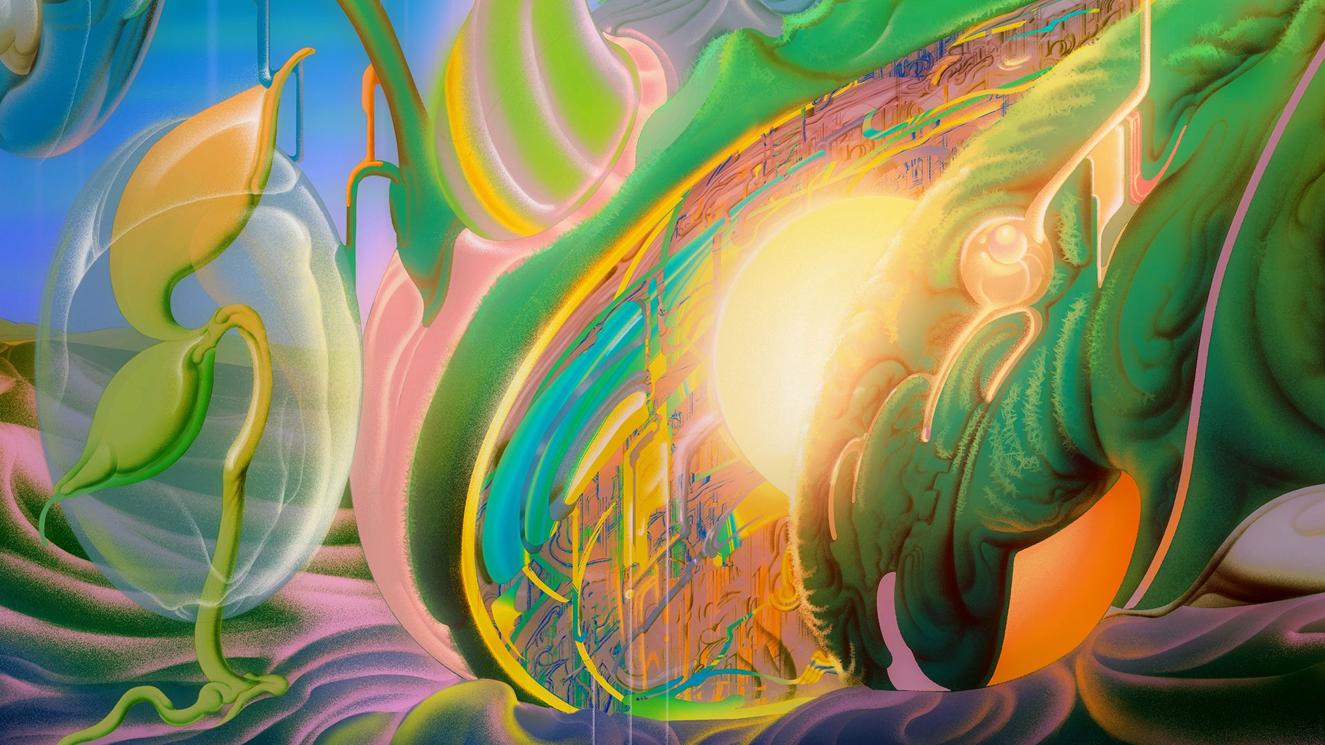 A vibrant painting featuring symmetrical patterns, detailed plant growth, and a bright sun.