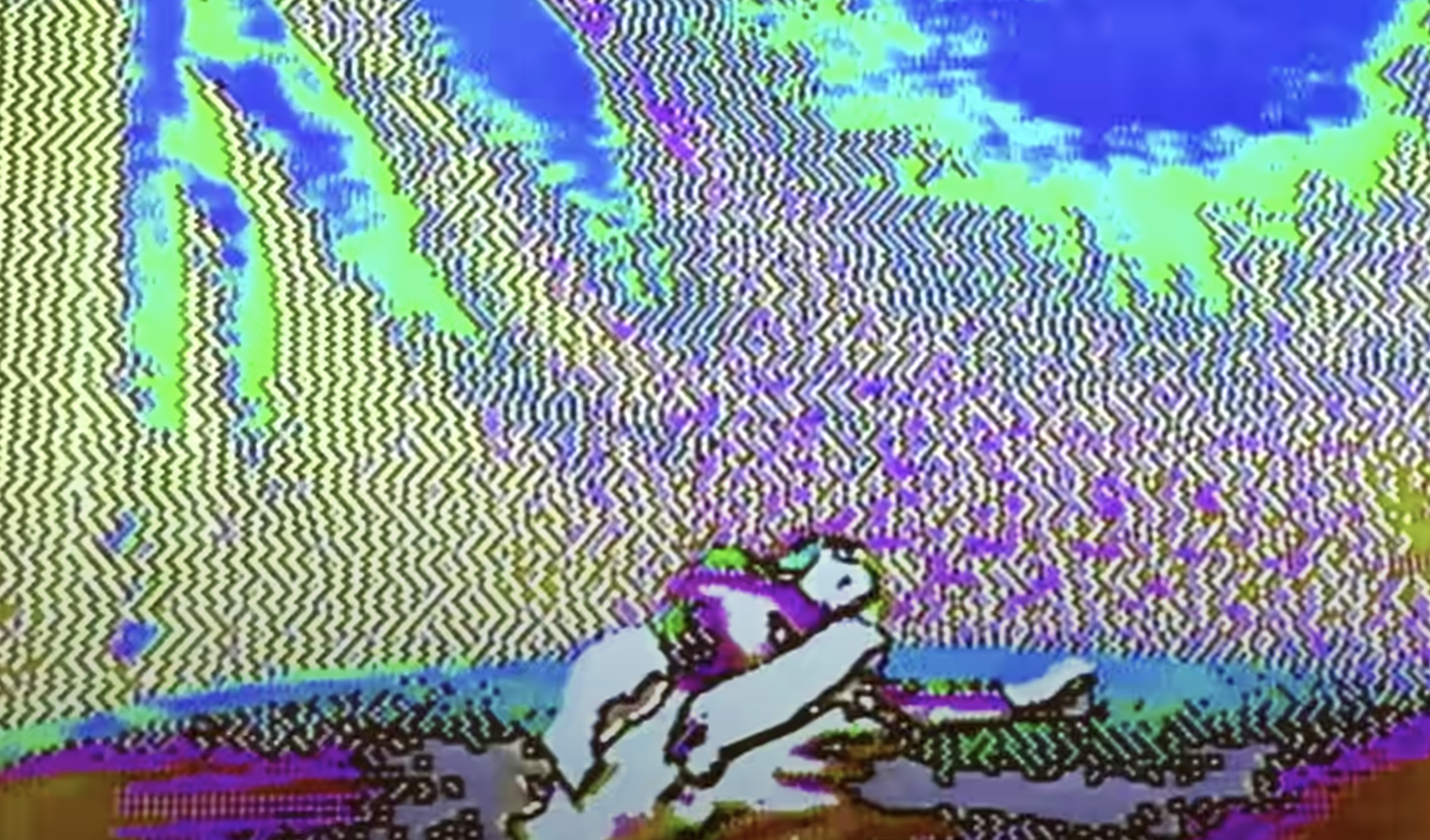 A digital image with vibrant pixel art style, possibly a negative of a photo. The primary focus is the figure of a person ...