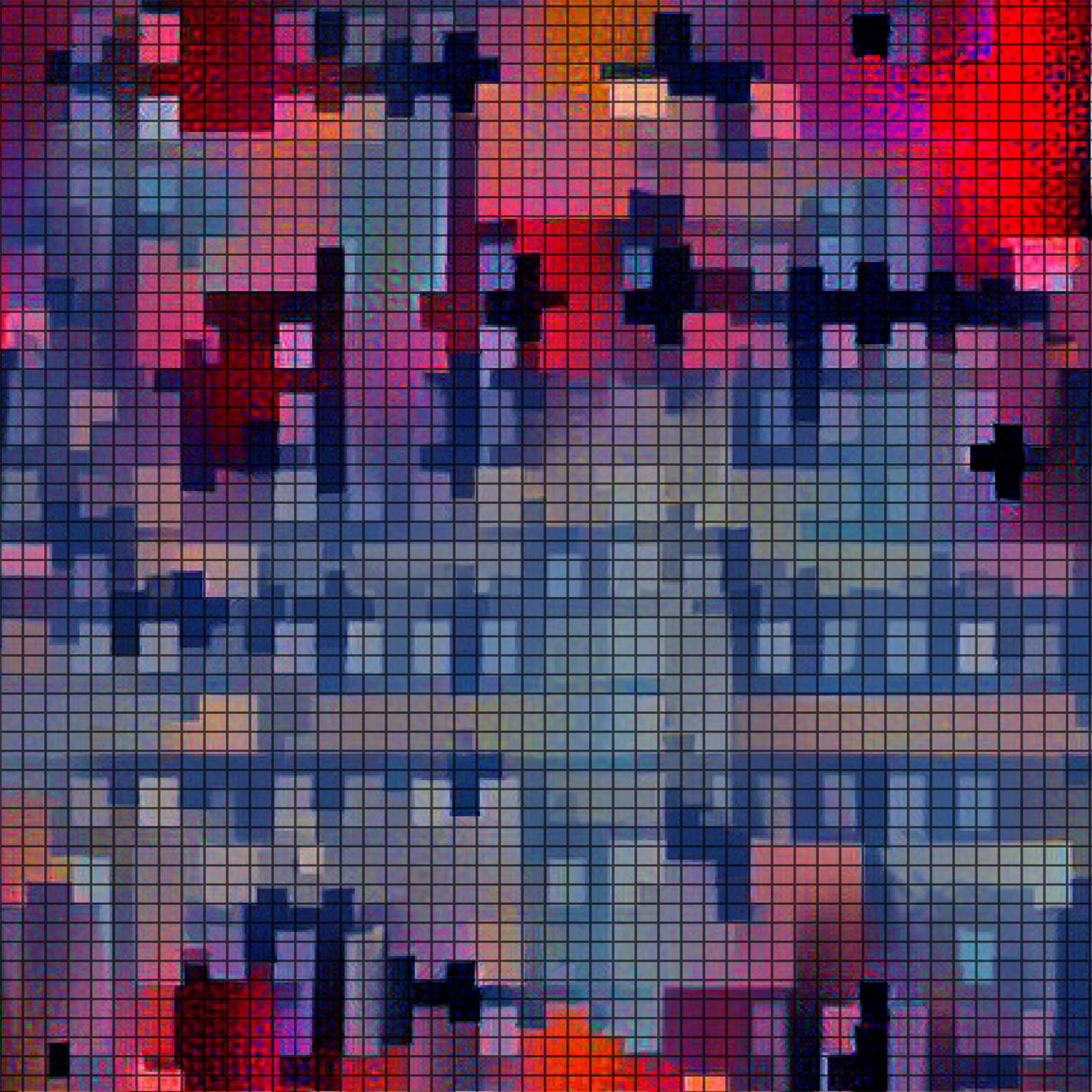 An intricate grid artwork displaying a complex pattern of vibrant pink and cool blue shades.