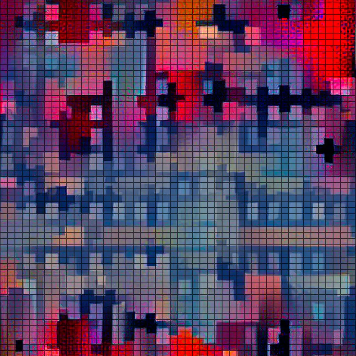 An intricate grid artwork displaying a complex pattern of vibrant pink and cool blue shades.