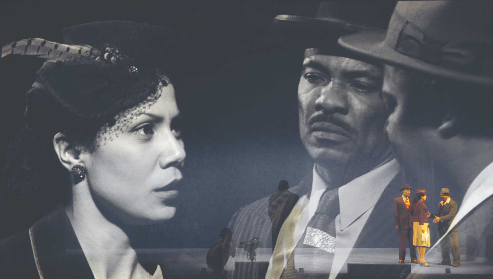 A black and white layered image depicting three individuals engaged in conversation, superimposed on a theatrical stage se...