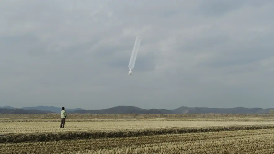 An individual stands in an open field focusing on a floating balloon in the distance.