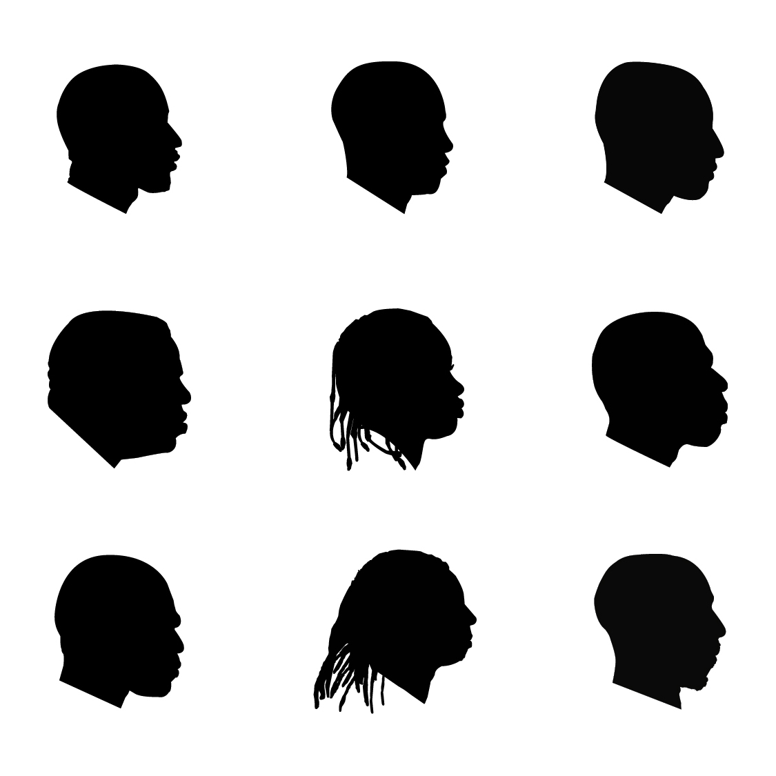 A 3x3 grid art installation of contrasting black silhouettes, each representing a unique side profile of different individ...