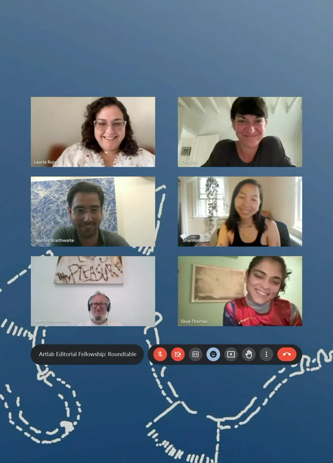 Six individuals appear in a virtual meeting, arranged in two columns of digital boxes on a screen. They engage in a discussion, each box showing a diverse expression, suggesting an energetic exchange of ideas.