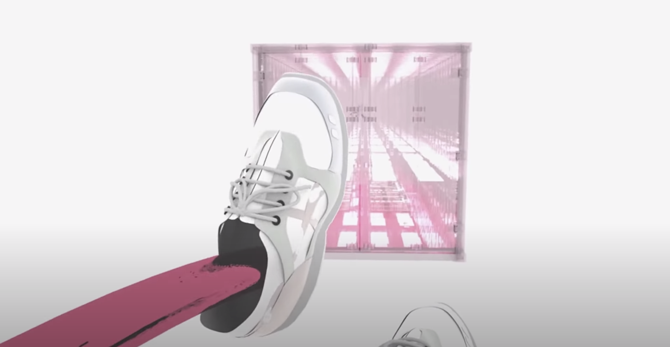 A creative artwork on a white canvas showcasing a square form with unique pink elements. Incorporated in the piece is a wh...