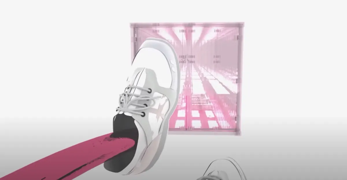 A creative artwork on a white canvas showcasing a square form with unique pink elements. Incorporated in the piece is a white sneaker with an elongated pink shape, mimicking the appearance of a protruding tongue.