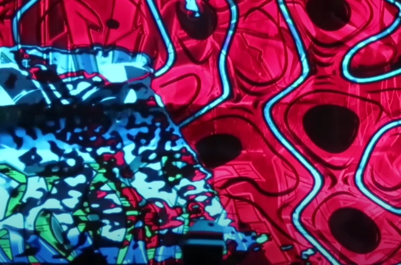 Abstract artwork featuring intertwined curved forms in bold hues of red, black, and aqua blue.