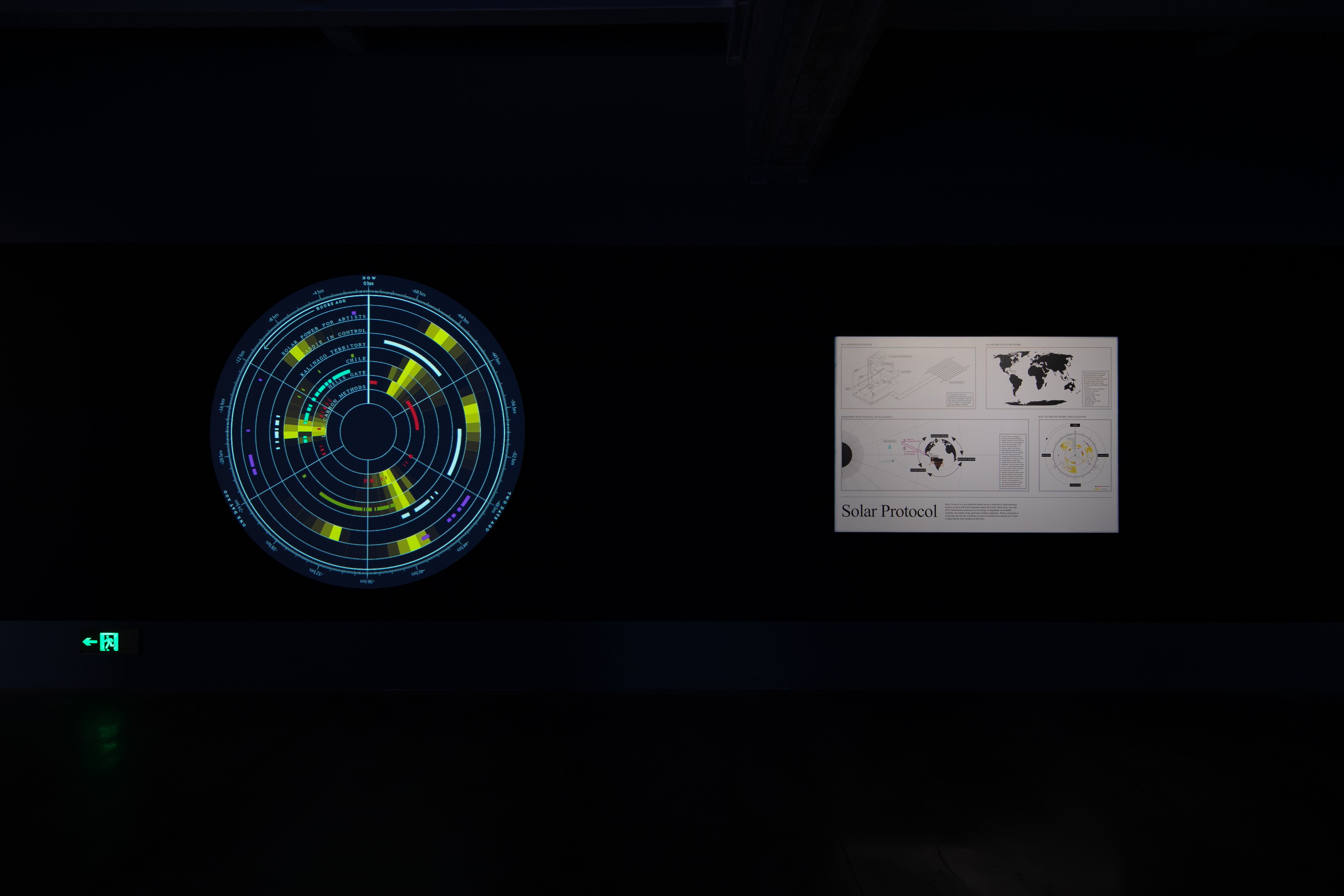 A circular data visualization installation titled "Solar Protocol."