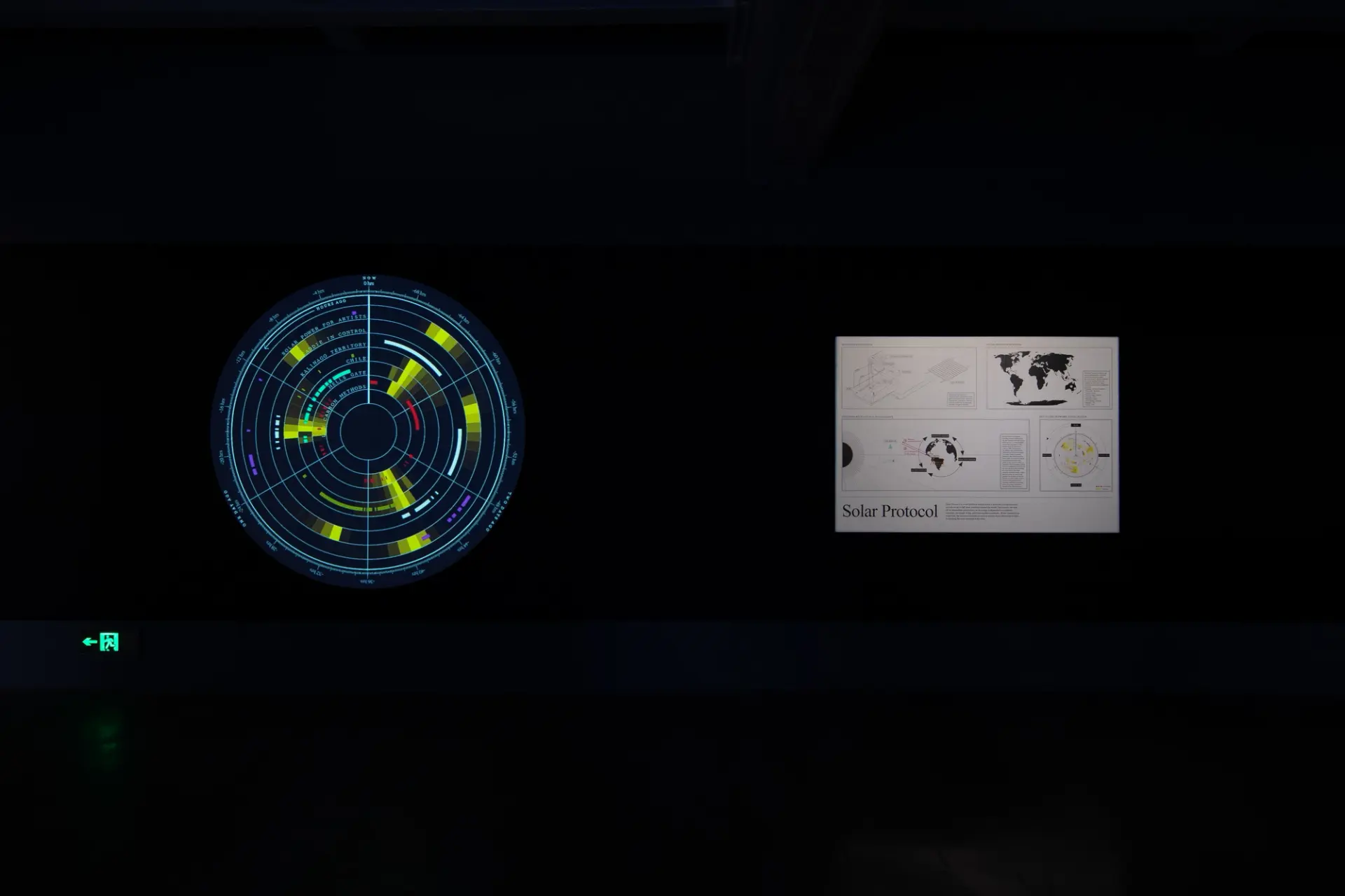 A circular data visualization installation titled "Solar Protocol."