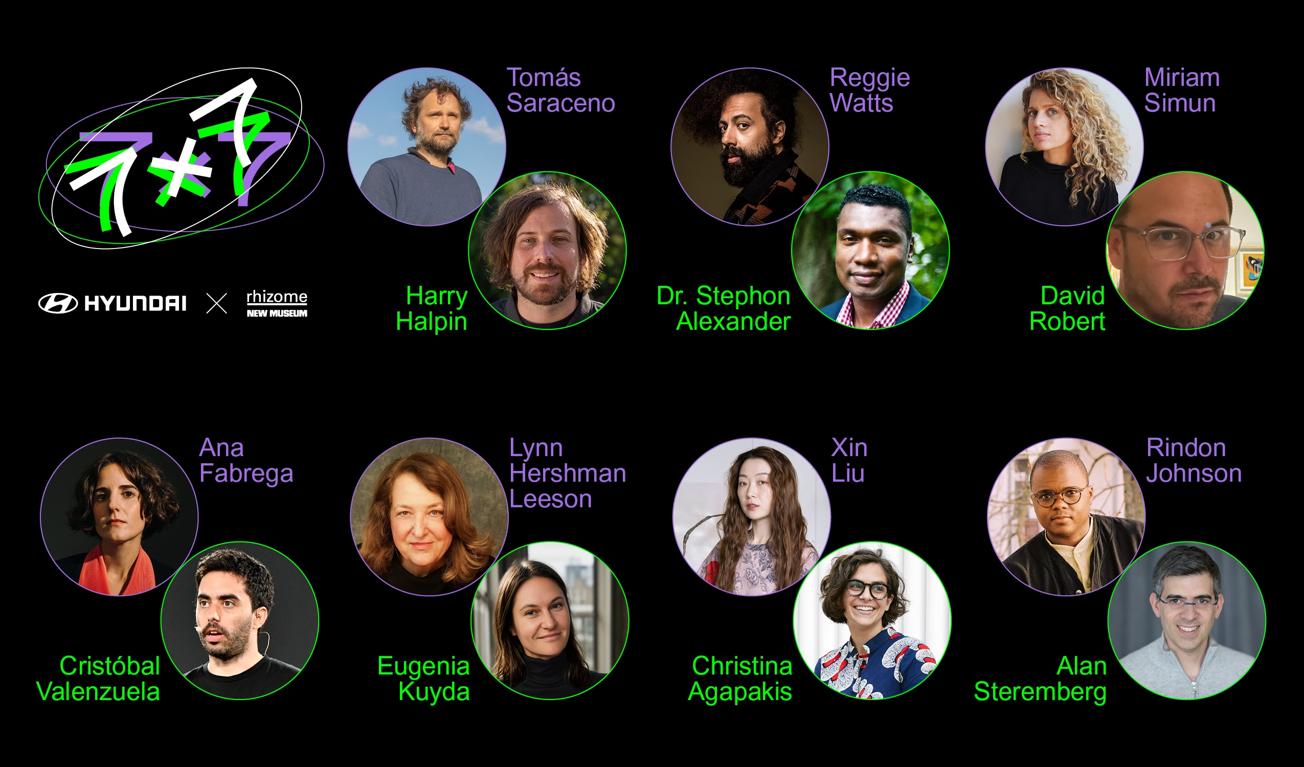 "7x7" logo atop; diverse professionals' portraits circled below, with Hyundai-Rhizome-New Museum branding.