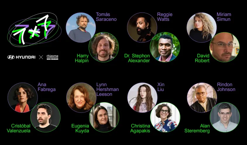 "7x7" logo atop; diverse professionals' portraits circled below, with Hyundai-Rhizome-New Museum branding.