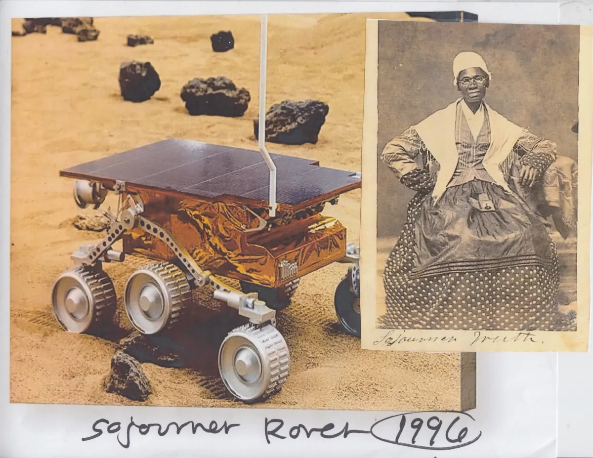 A photograph of the Sojourner rover next to a portrait of Sojourner Truth, with a Mars rover image in the background.