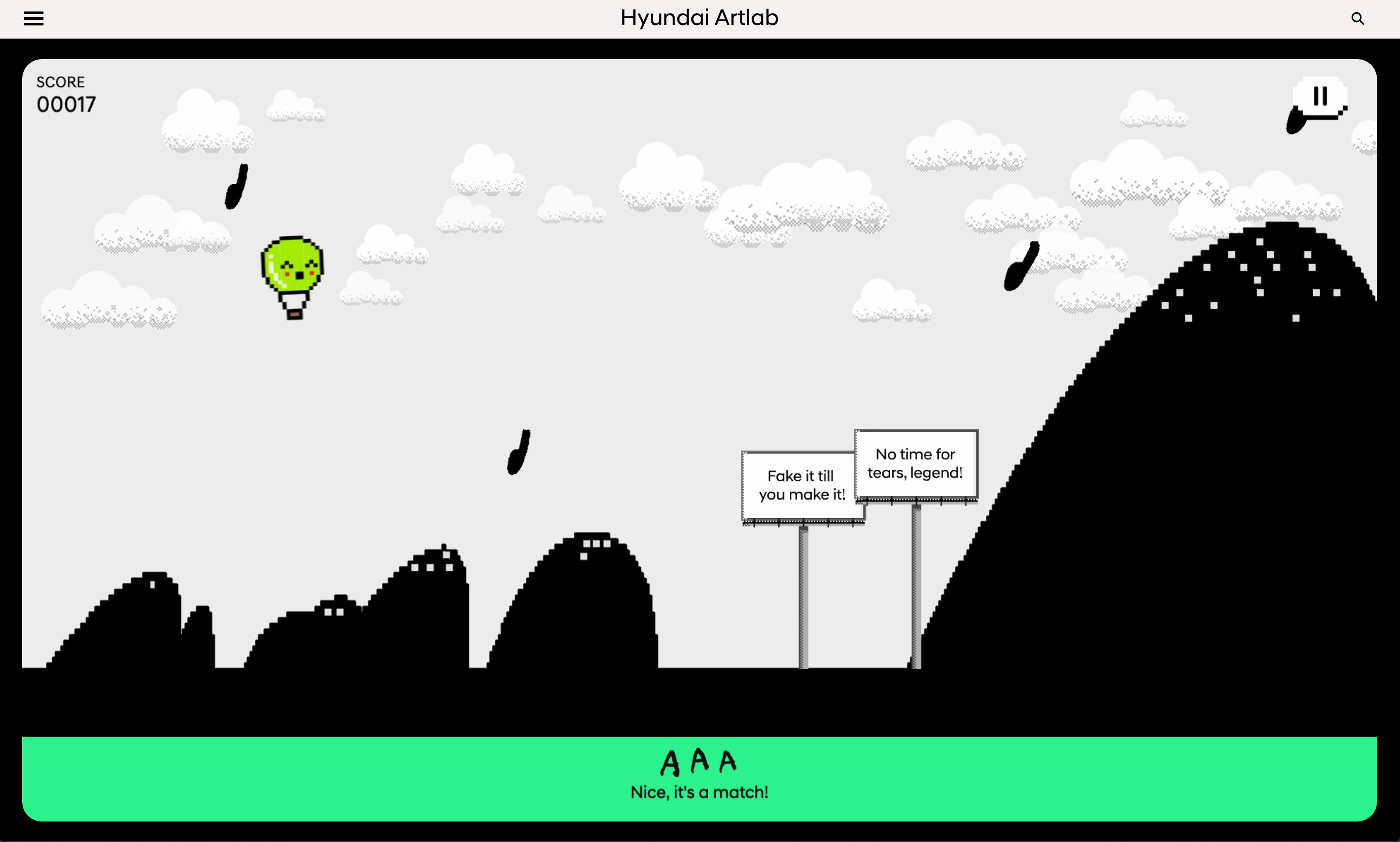 Green pixel hot air balloon flying through clouds and notes, score 17, with motivational billboards.