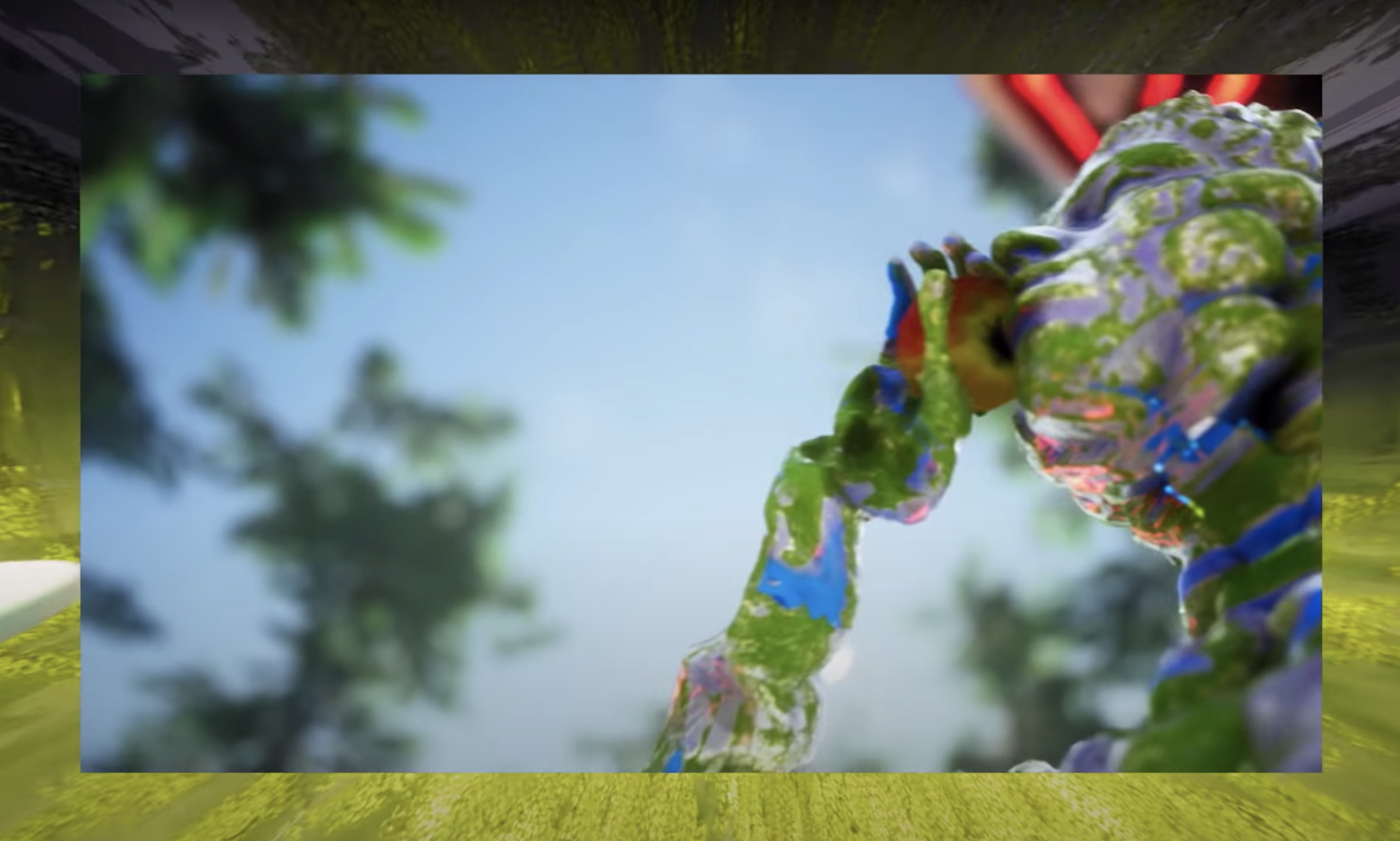 Abstract photography of a statue's head edited with tones of green mold and blue paint, viewed from a low angle. Red light...