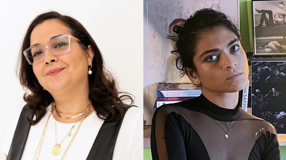 Two individual portrait photographs side by side of the 2023 Artlab Editorial Fellows, Laurie Rojas and Skye Arundhati Thomas. Both of them are looking directly into the camera.