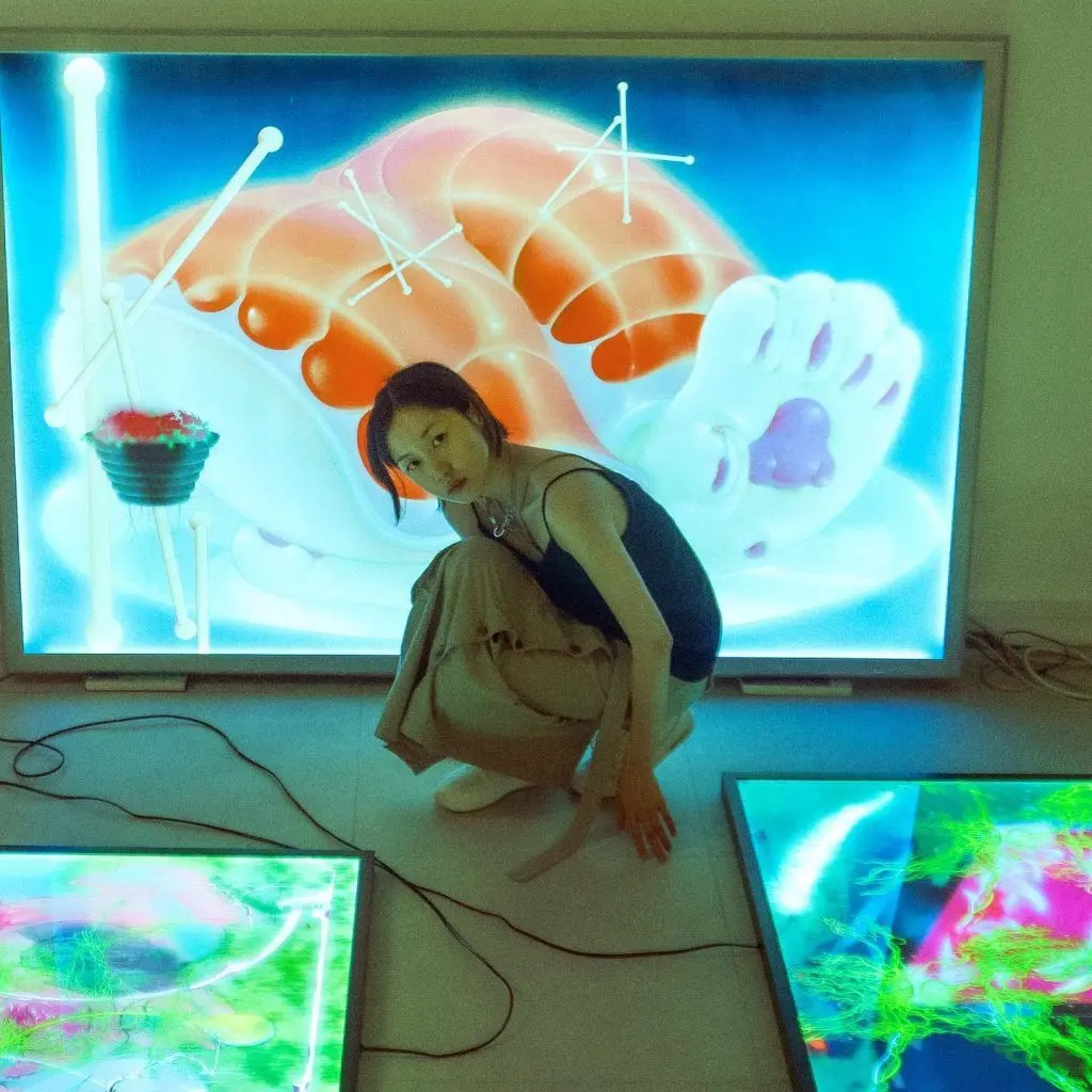 Person crouched next to their art, with monitors displaying abstract designs around them.