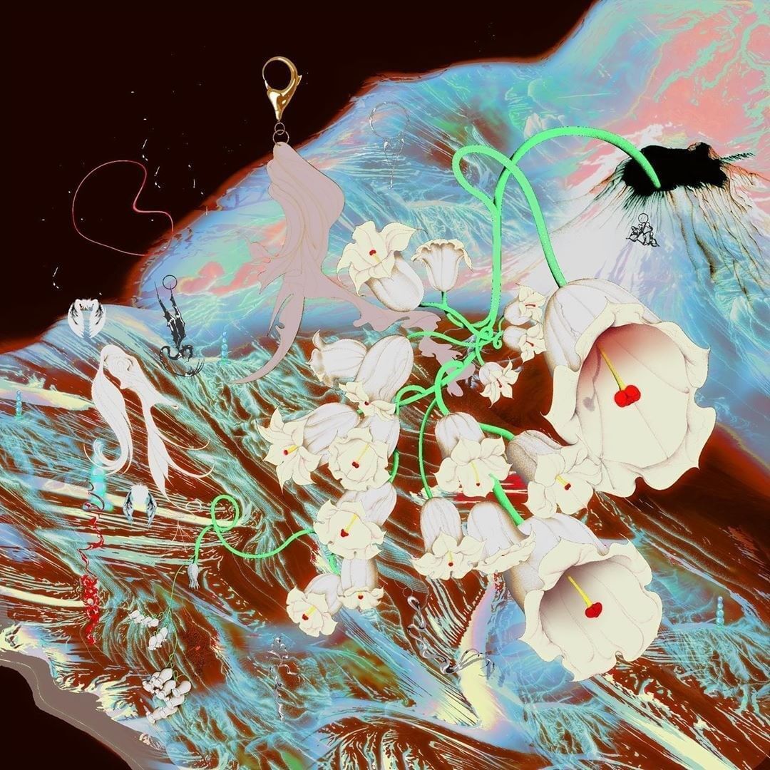 A digital print in a light box shows a vibrant mix of elements, including a volcano, a keychain, white flowers, and an abstract representation of an organism.