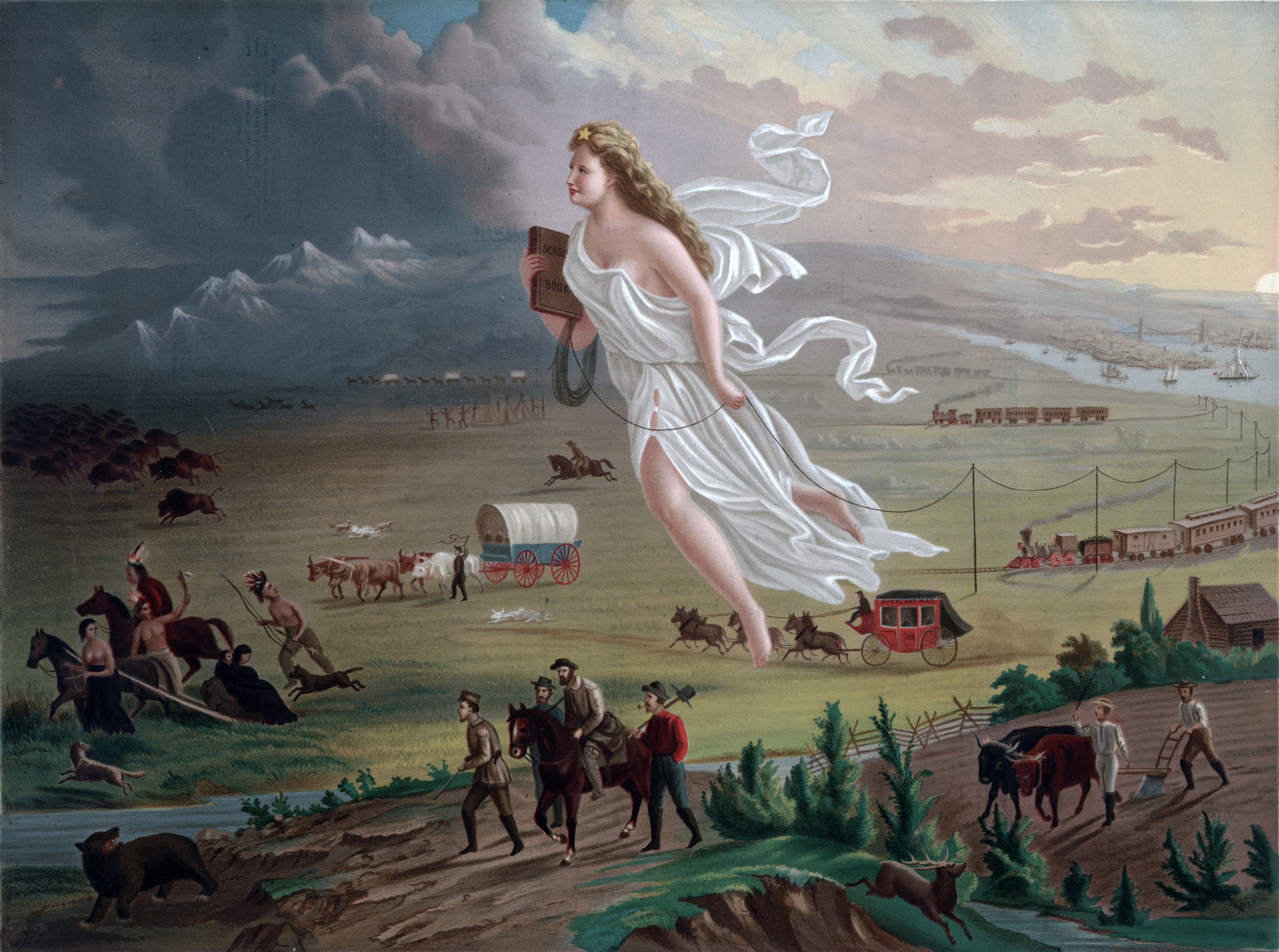 The painting depicts a personified America as a woman in flowing white robes guiding pioneers westward, with elements representing technology, transportation, and Native Americans in the background.