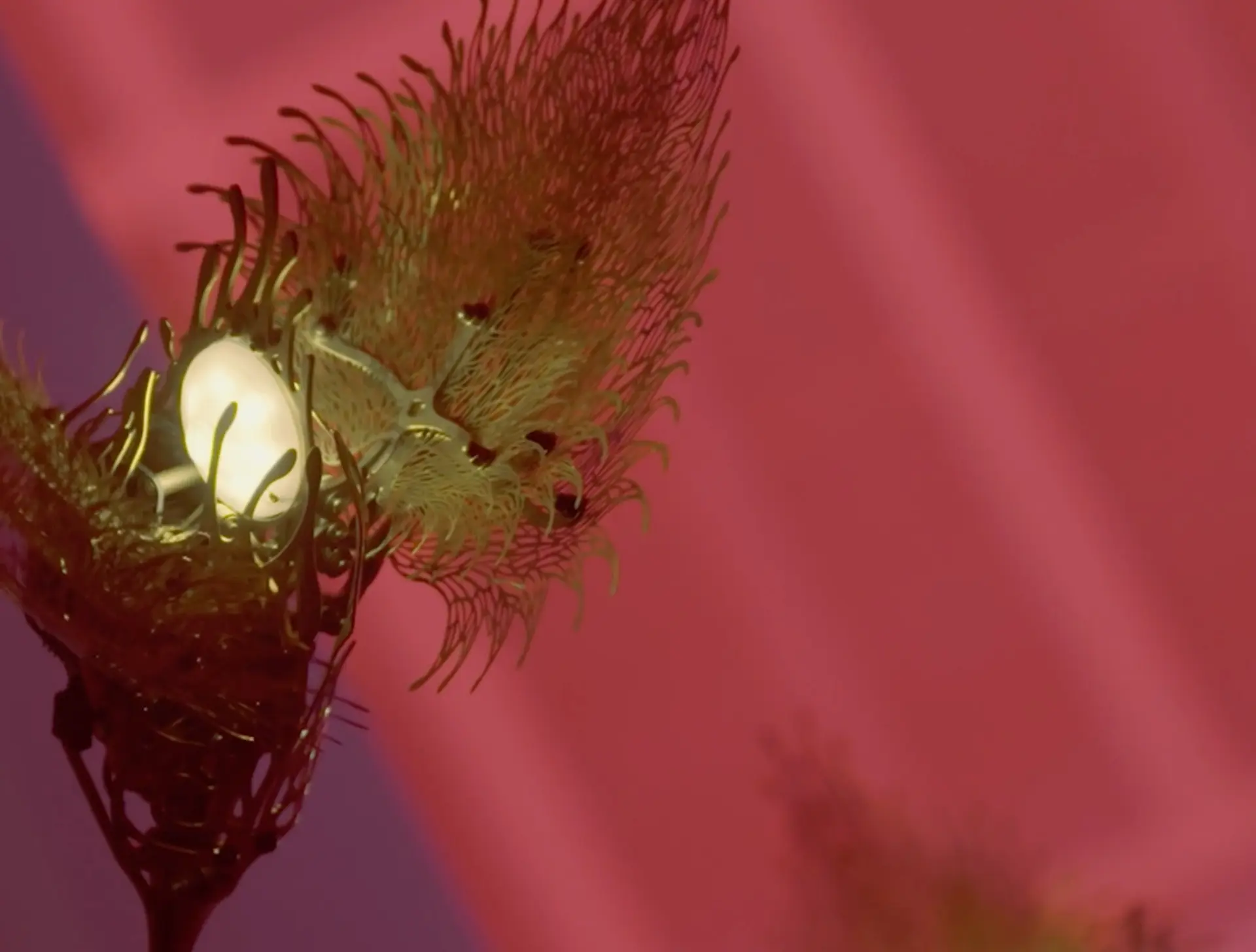 A sculpture resembling a plant form made of metallic materials, positioned against a vivid background of red and purple hues.