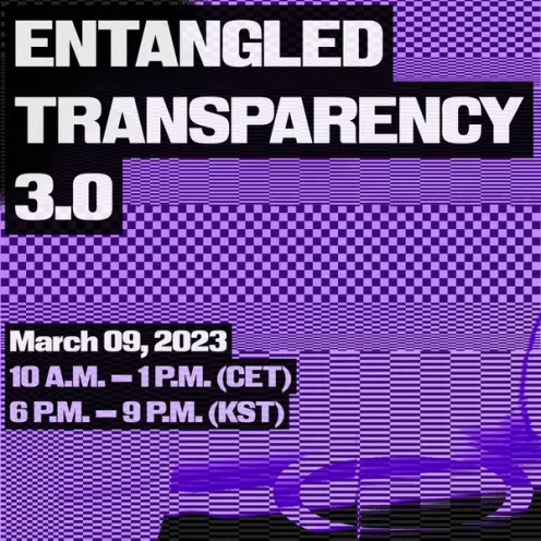 A violet-colored poster for the "Entangled Transparency 3.0" web conference scheduled for March 9, 2023, featuring light a...