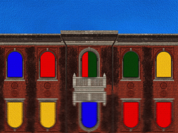 A pixel animation featuring a building with windows illuminated with colored lights that form letters.
