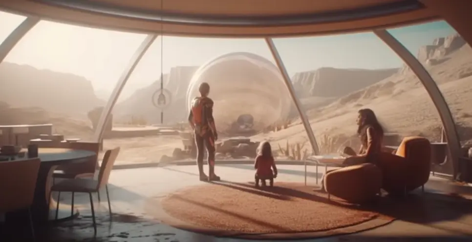 Human figures standing within a large glass dome containing home-like furnishings, located in a desert or possibly alien l...