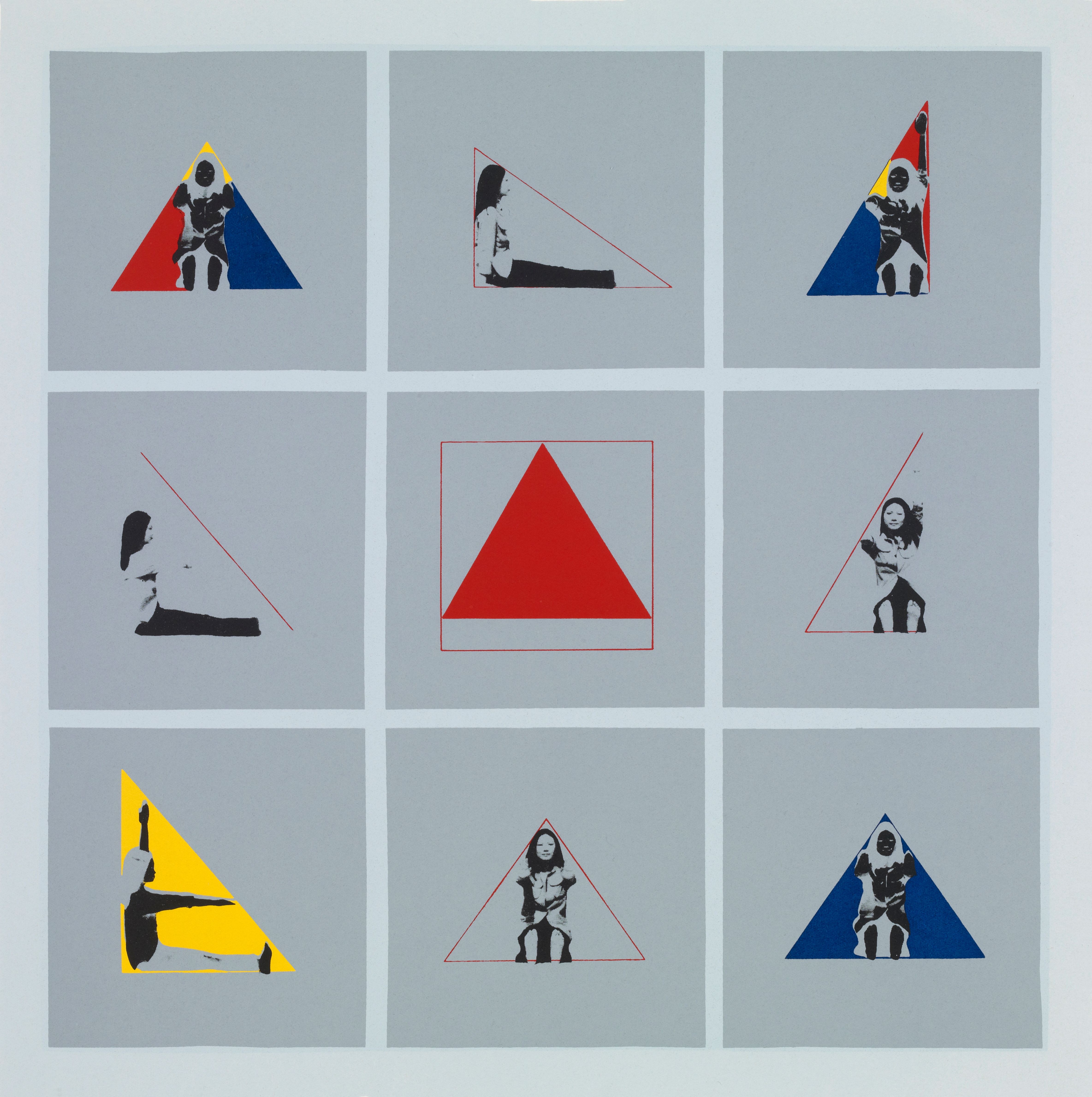 A nine-panel grid of square images on a light grey background. Each corner image shows a person in monochrome within a tri...