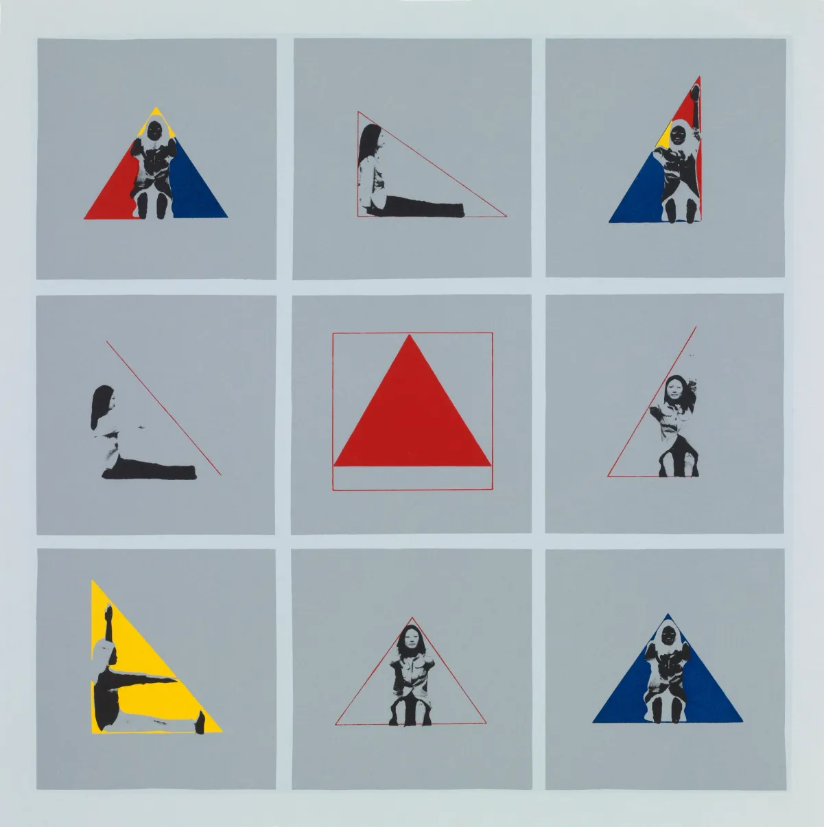 A nine-panel grid of square images on a light grey background. Each corner image shows a person in monochrome within a triangle of either red, blue or yellow. The four side images depict figures interacting with outlined red triangles, while the central image showcases just a red triangle within a square with red borders.
