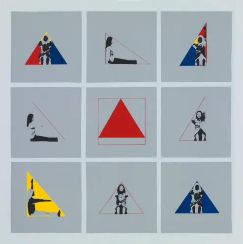 A nine-panel grid of square images on a light grey background. Each corner image shows a person in monochrome within a tri...