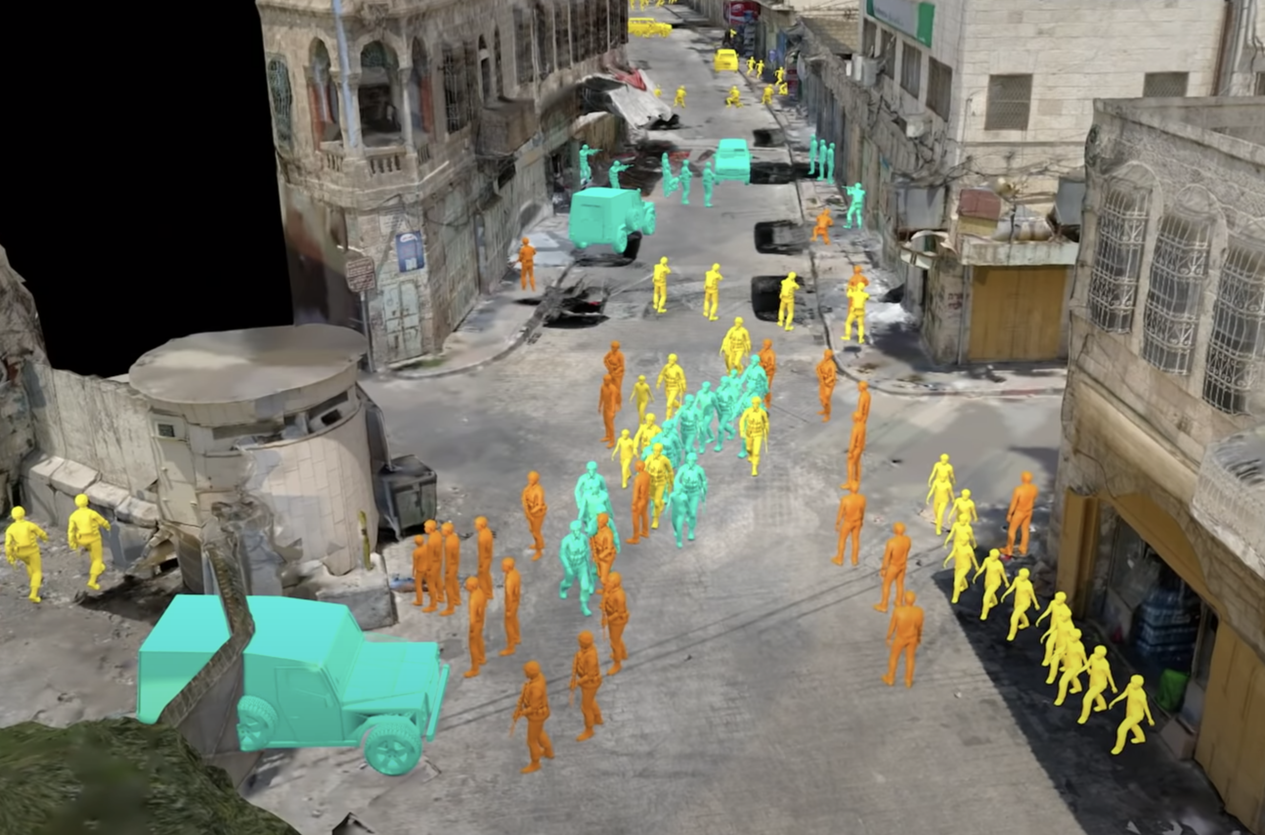 A vibrant snapshot of an infrastructure scene with human figures and vehicles rendered in yellow, orange, and turquoise hues.