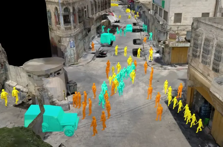 A vibrant snapshot of an infrastructure scene with human figures and vehicles rendered in yellow, orange, and turquoise hues.