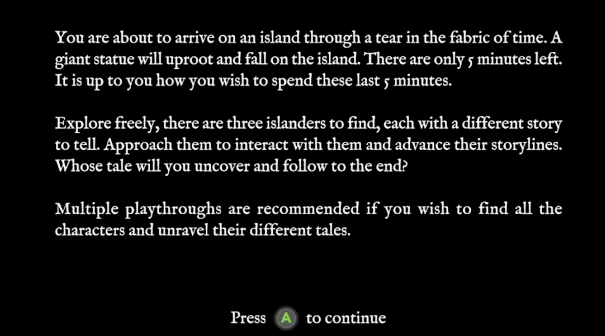 Game instruction screen describing an island exploration with three characters and a five-minute time limit before a giant statue falls.