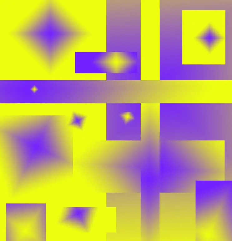 An abstract image featuring a vibrant blend of yellow and purple geometric shapes and gradients, creating a dynamic and colorful composition.