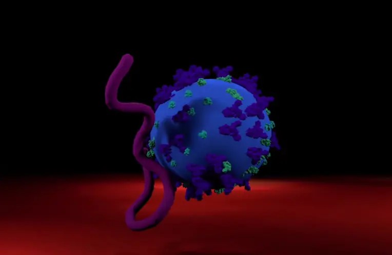 An abstract illustration featuring two intertwined forms against a black background. One form appears as a blue, virus-lik...