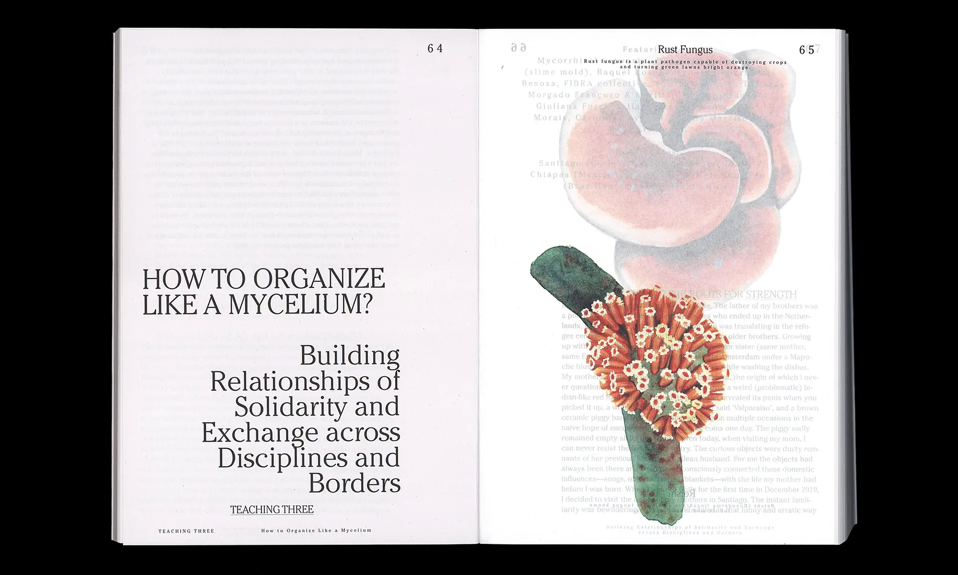 Open book with an article titled "How to Organize Like a Mycelium?" on the left page and an illustration of rust fungus on the right page.